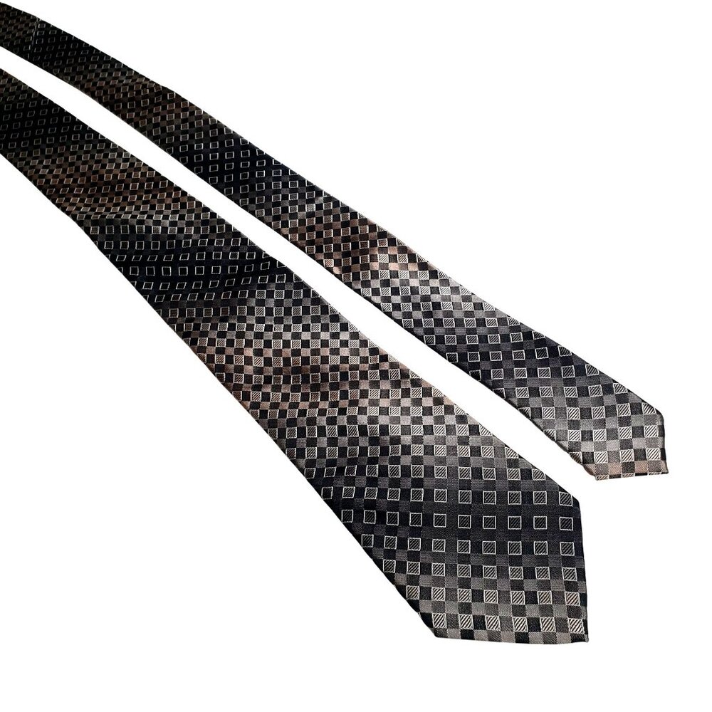Vintage Designer Calvin Klein Men Checkered Black Gray Silk Necktie Slim Skinny